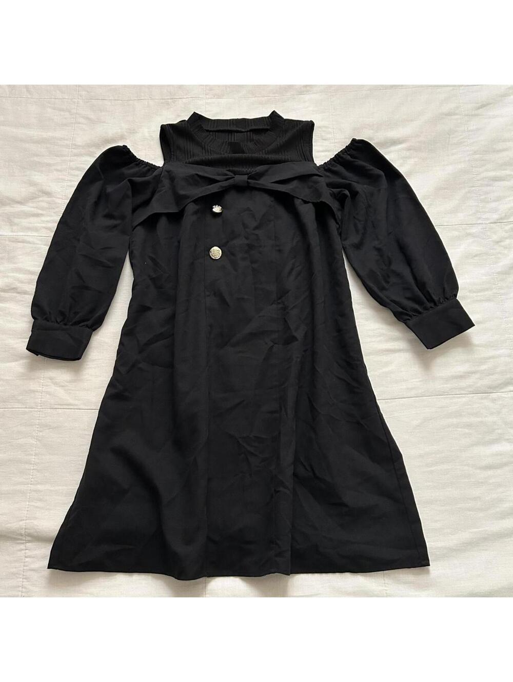 Axes Femme Black Open Shoulder Puff Sleeve Dress Gothic Lolita Size M Japan